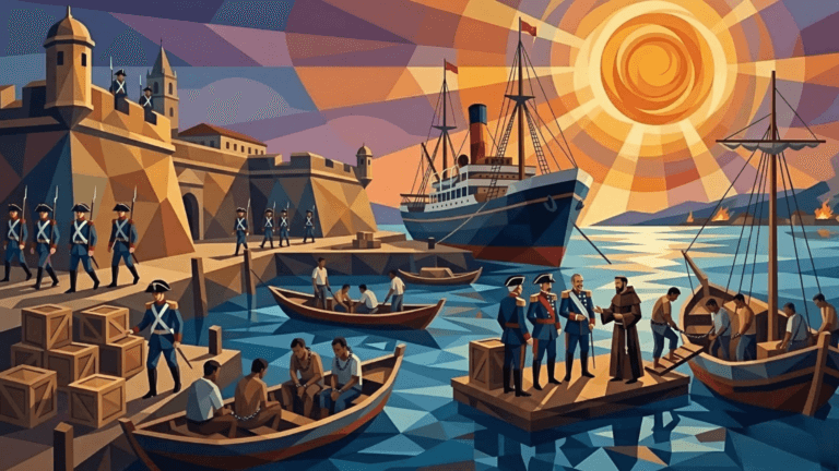 Cubist vector art of the 1872 Cavite Mutiny aftermath. Chained prisoners board boats at Fort San Felipe harbor as Spanish soldiers and a friar watch under a geometric sun.