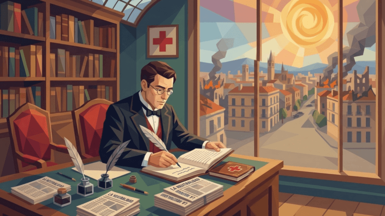 Saturnino Ximénez Enrich receives a Red Cross volume in a Barcelona office while soldiers and civilians gather outside during the Third Carlist War.