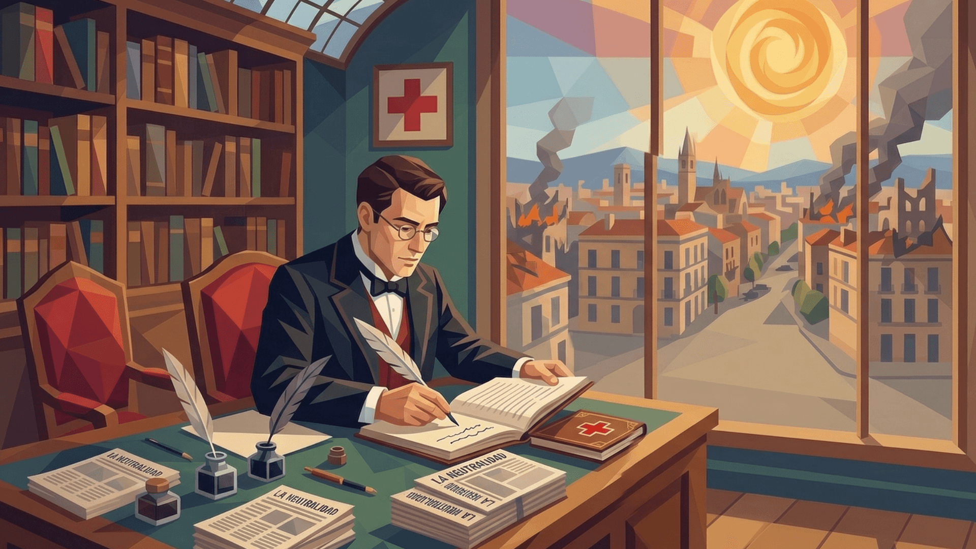 Saturnino Ximénez Enrich receives a Red Cross volume in a Barcelona office while soldiers and civilians gather outside during the Third Carlist War.