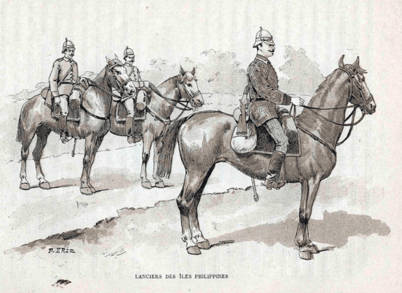 An 1870s illustration of Spanish colonial lancers on horseback in the Philippines, representing the military force used to maintain order and surveillance during the 'Reign of Terror' in Manila
