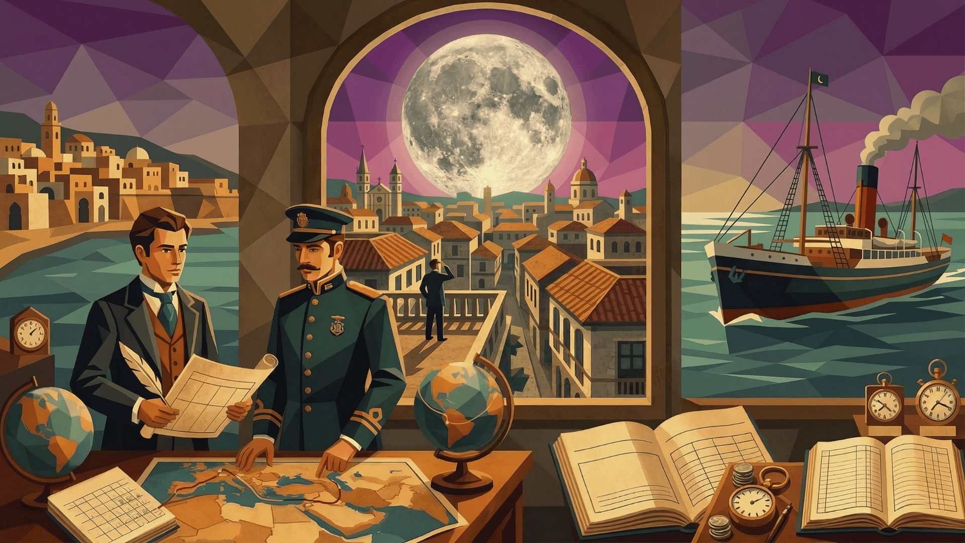 Sadurní Enrich and a naval officer calculate the steamship route from Cartagena to Manila, aligned with the Larrinaga Line’s schedule and the precise full moon of April 1874.