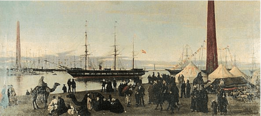 A Spanish vessel anchored at the Suez Canal during the 1870s, illustrating the transition to steam-powered travel between Europe and Asia.