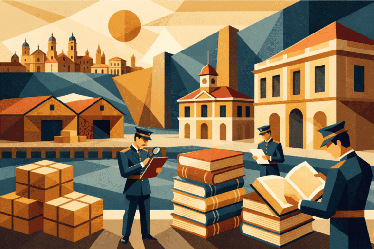 officers inspect books and documents beside cargo boxes at a port, with buildings and the sun in the background
