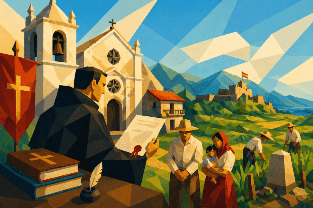 A friar overseeing villagers as they work the land near a church, symbolizing religious control over colonial society and agriculture in 19th-century Manila.