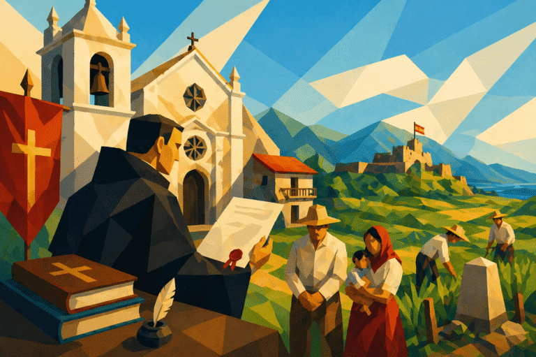 A friar overseeing villagers as they work the land near a church, symbolizing religious control over colonial society and agriculture in 19th-century Manila.