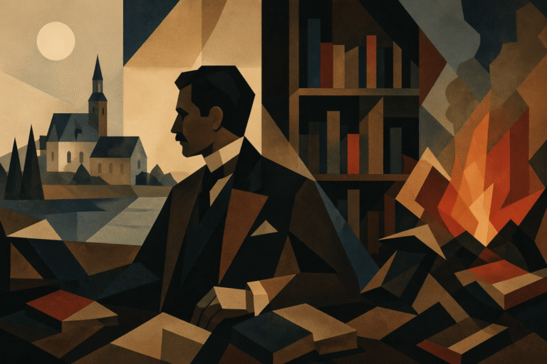 A geometric portrait of a man seated beside a bookshelf as flames consume scattered books, with a distant estate visible through the window.
