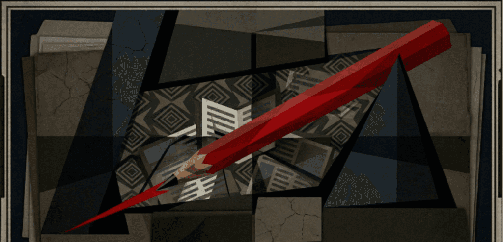 Geometric illustration of a red censor’s pencil striking through documents, symbolizing colonial censorship and silenced journalism in 1870s Manila