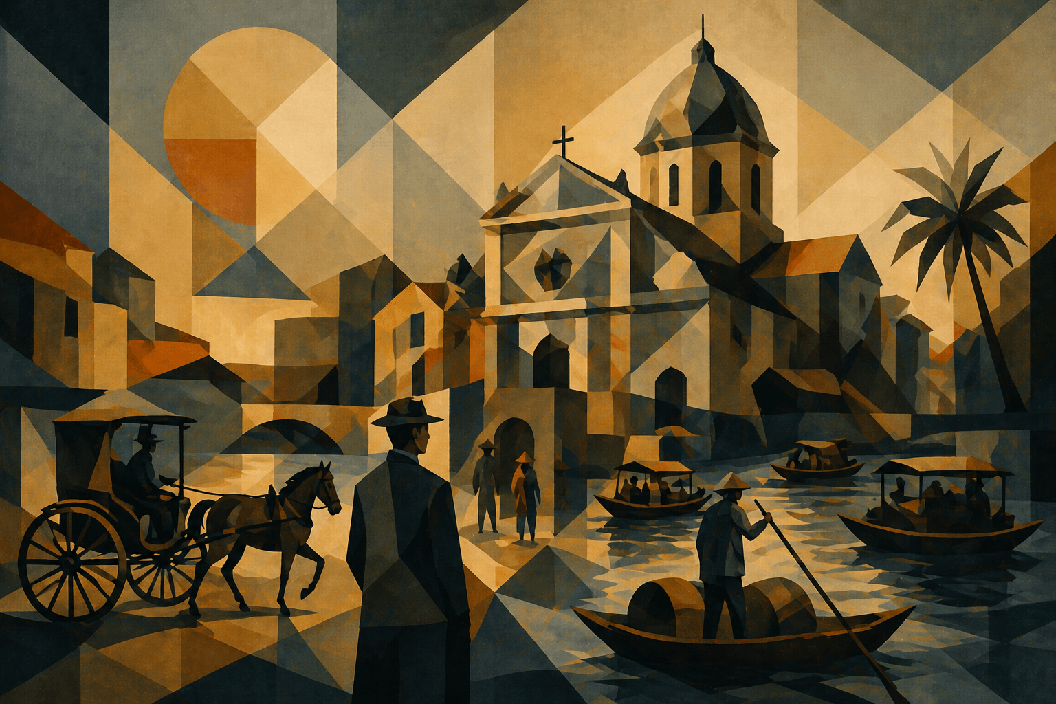 1874 Manila showing a cathedral under reconstruction, river boats, horse-drawn carriage, and colonial figures in a humid, atmospheric cityscape