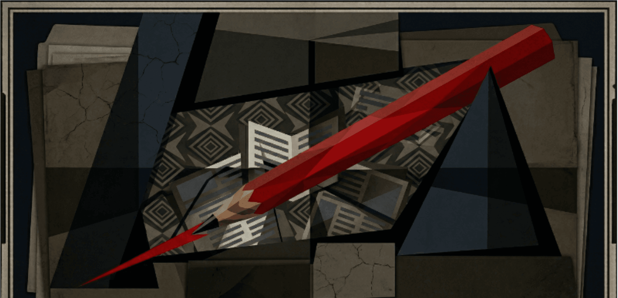 Geometric illustration of a red censor’s pencil striking through documents, symbolizing colonial censorship and silenced journalism in 1870s Manila