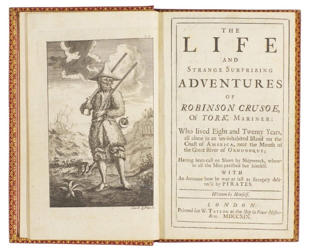 An early illustration of Robinson Crusoe on his island, a fictional character whose self-reliance was viewed as subversive in colonial Manila.