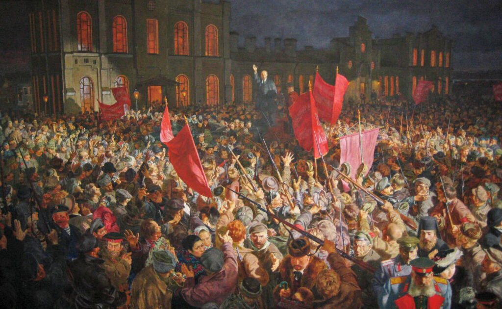 A historical map or timeline detailing key events of the 1917 Russian Revolution, illustrating the volatile geopolitical landscape observed and reported on by Saturnino Ximénez Enrich for La Vanguardia.