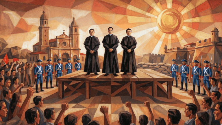 Gomburza executions at Bagumbayan Field with Fathers Gomez, Burgos, and Zamora standing before a crowd and Spanish soldiers during the 1872 colonial Philippines