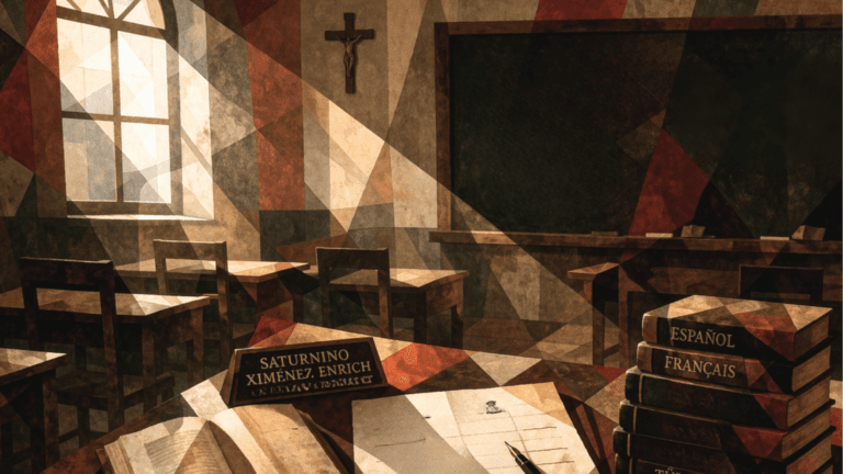 Empty classroom with multilingual books and notes representing Saturnino Ximénez Enrich as a self-taught polyglot without formal education records