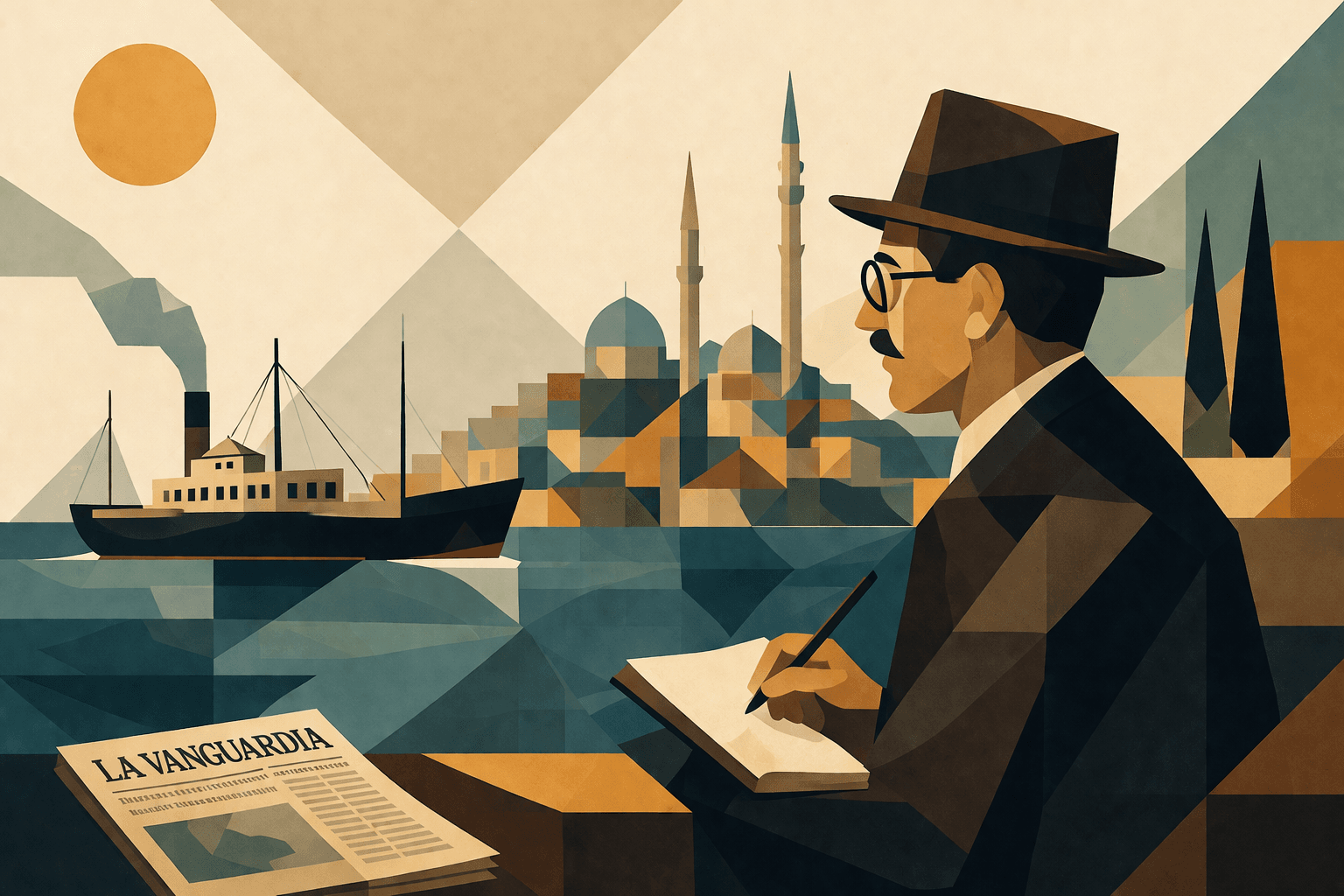 Geometric illustration of a 19th-century correspondent observing a foreign port city