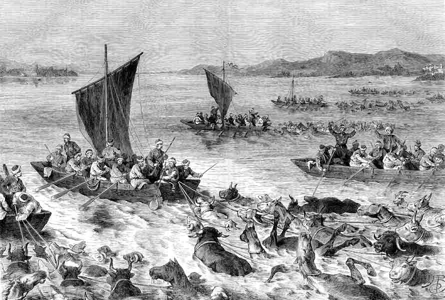 Engraving of river crossing during the Russo-Turkish War, 1877–1878