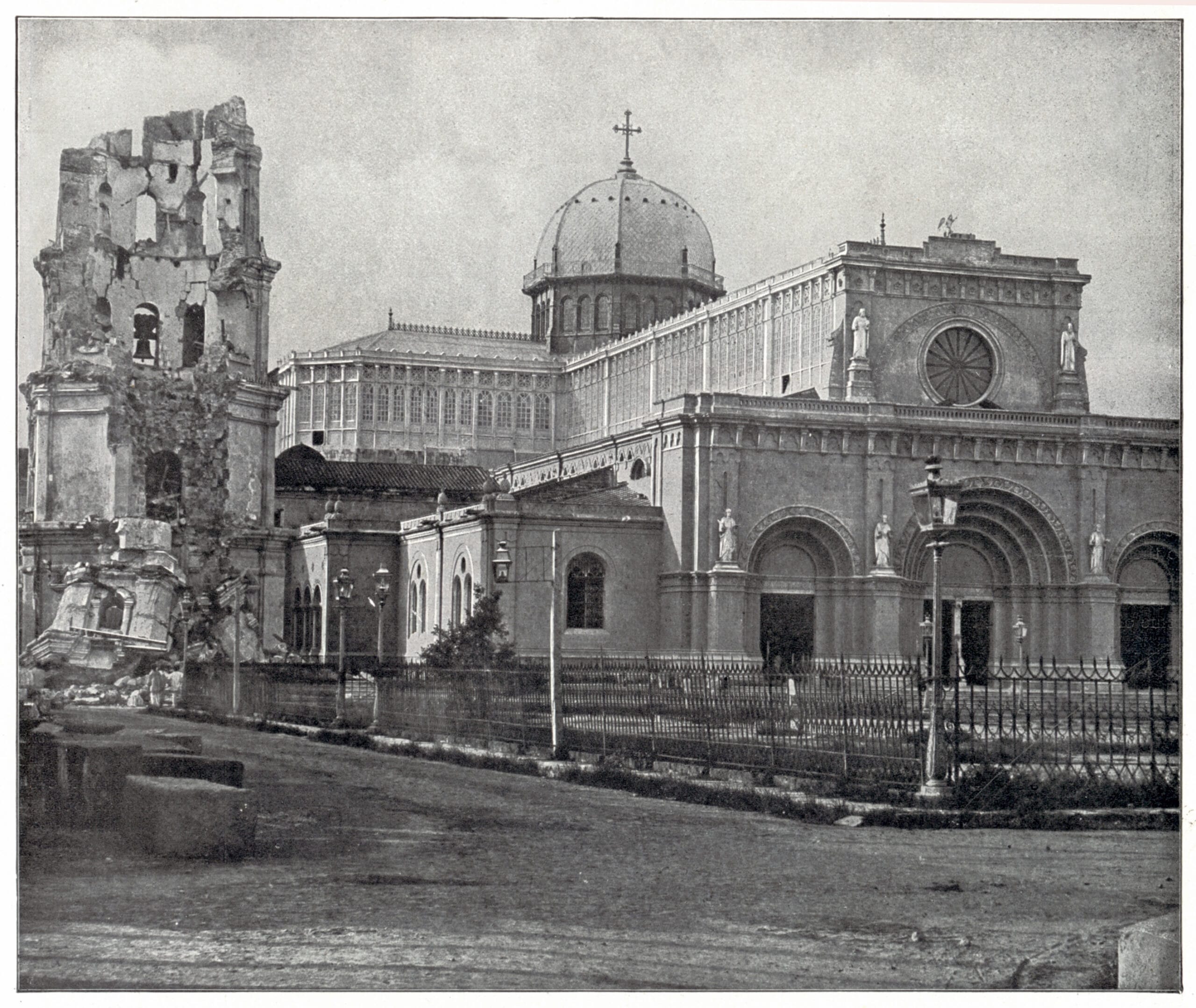 Ruins and reconstruction of Manila Cathedral in Intramuros after 19th-century earthquake damage, symbolizing Catholic authority in Spanish colonial Manila